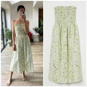 H&M Wildflower Smocked Bandeau Floral Meadow Dress Pale Green Size Small